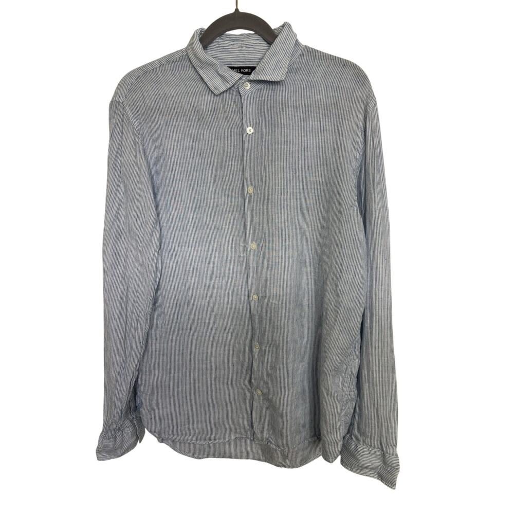 Michael Kors 100% Linen Striped Button Down Tailored Fit Shirt Large Coastal